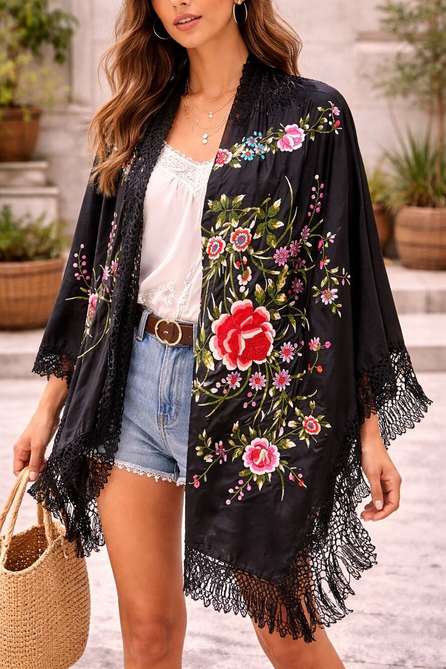 Black Floral Satin Fringe Shawl Wrap Boho Embroidered Style Statement Scarf